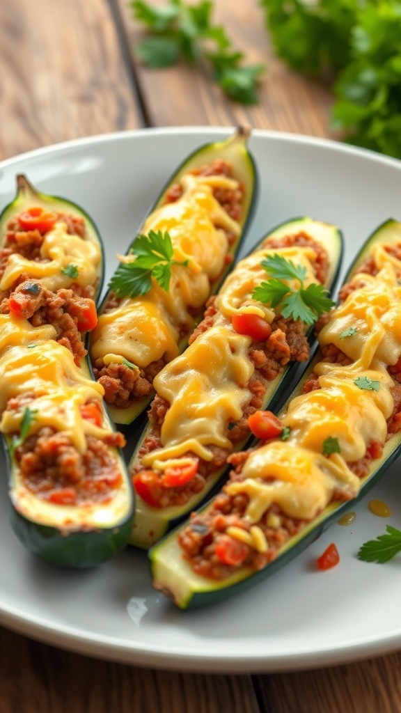 Stuffed Zucchini Boats Recipe Stuffed zucchini boats filled with meat and topped with melted cheese, garnished with parsley on a rustic table.